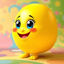 A bright yellow, fat, blobby creature full of happiness, featuring a smooth, rounded body and an adorable, cheerful face