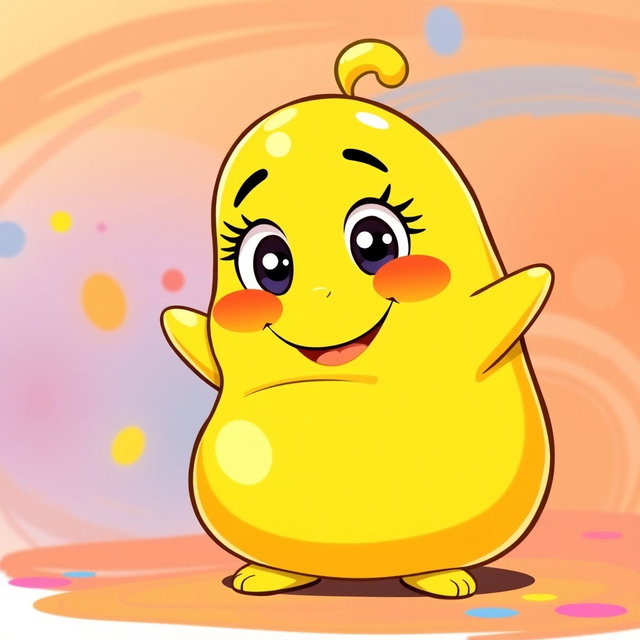 A bright yellow, fat, blobby creature full of happiness, featuring a smooth, rounded body and an adorable, cheerful face