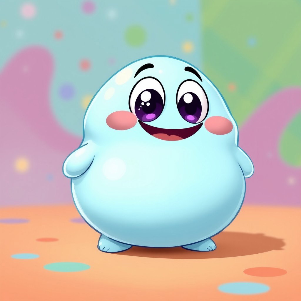 A bright light blue, fat, blobby creature filled with happiness, featuring a smooth, rounded body and a big, cheerful face