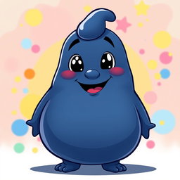 A dark blue, mega fat, blobby creature exuding happiness, with a smooth, oversized body and an endearing, cheerful face