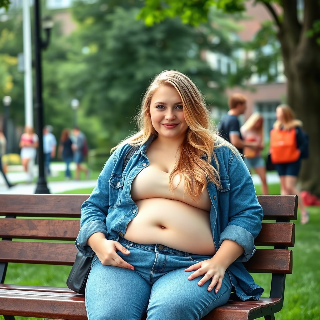 A confident young Swedish college student sitting on a campus bench, embodying beauty and charm