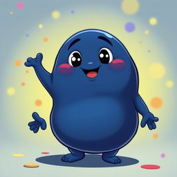A dark blue, mega fat, blobby creature exuding happiness, with a smooth, oversized body and an endearing, cheerful face