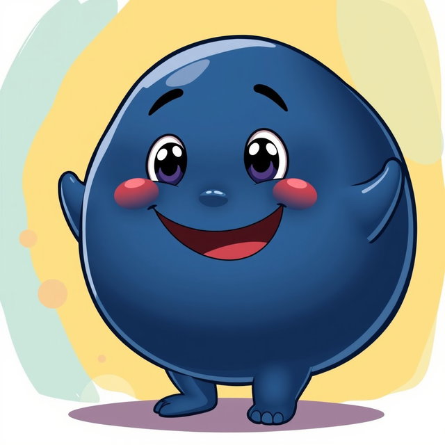 A dark blue, mega fat, blobby creature exuding happiness, with a smooth, oversized body and an endearing, cheerful face