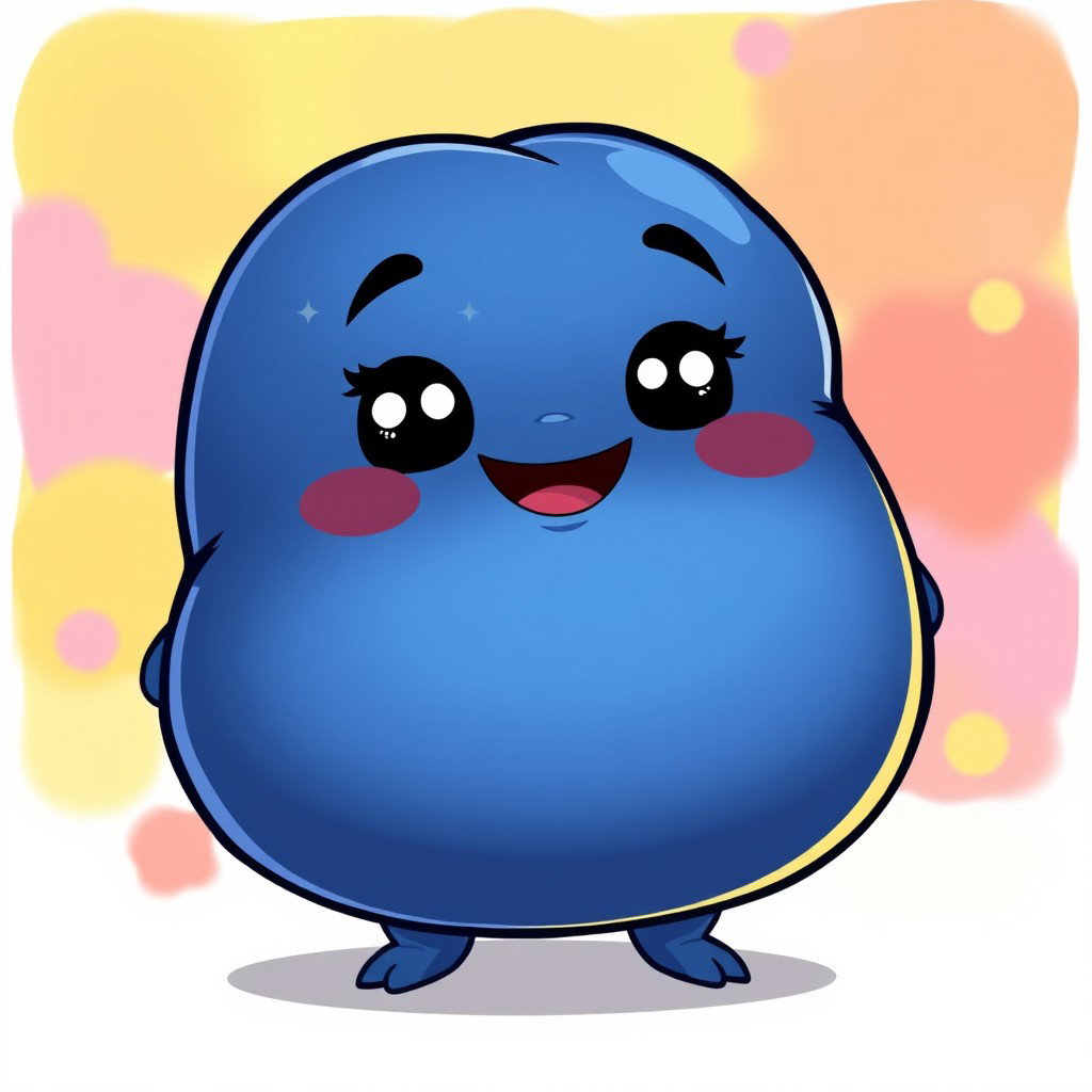 An indigo, fat, blobby creature brimming with happiness, featuring a smooth, rounded body and a delightful, cheerful face