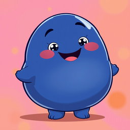An indigo, fat, blobby creature brimming with happiness, featuring a smooth, rounded body and a delightful, cheerful face