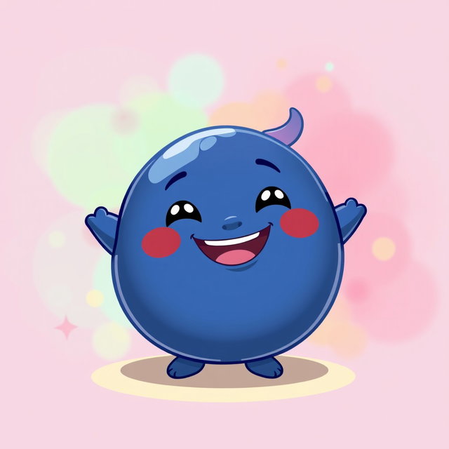 An indigo, fat, blobby creature brimming with happiness, featuring a smooth, rounded body and a delightful, cheerful face