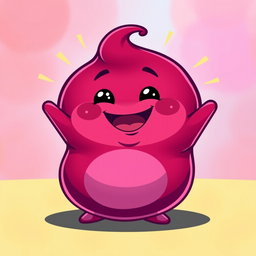 A maroon and purple, fat blobby creature radiating happiness, featuring a smooth, rounded body and an adorable, cheerful face