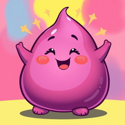 A maroon and purple, fat blobby creature radiating happiness, featuring a smooth, rounded body and an adorable, cheerful face
