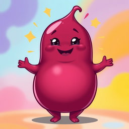 A maroon and purple, fat blobby creature radiating happiness, featuring a smooth, rounded body and an adorable, cheerful face