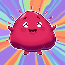 A maroon and purple, fat blobby creature radiating happiness, featuring a smooth, rounded body and an adorable, cheerful face