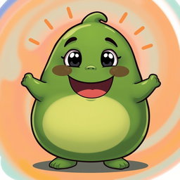A dark green, fat, blobby creature radiating happiness, featuring a smooth, rounded body and a cheerful, charming face