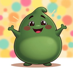 A dark green, fat, blobby creature radiating happiness, featuring a smooth, rounded body and a cheerful, charming face