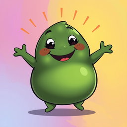 A dark green, fat, blobby creature radiating happiness, featuring a smooth, rounded body and a cheerful, charming face