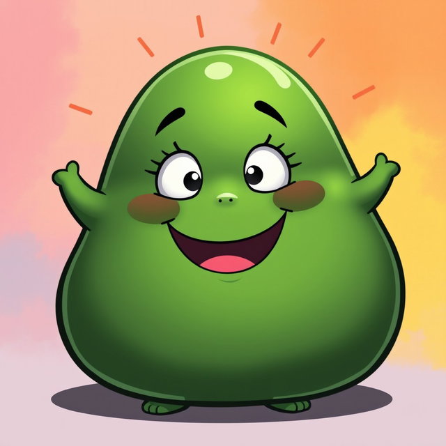 A dark green, fat, blobby creature radiating happiness, featuring a smooth, rounded body and a cheerful, charming face
