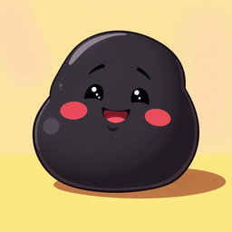 A black, fat, blobby creature that exudes happiness, featuring a smooth, rounded body and a charming, cheerful face