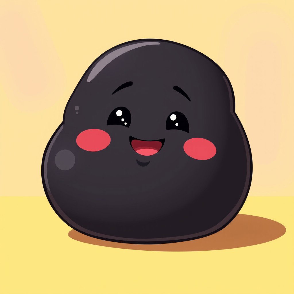 A black, fat, blobby creature that exudes happiness, featuring a smooth, rounded body and a charming, cheerful face