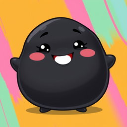 A black, fat, blobby creature that exudes happiness, featuring a smooth, rounded body and a charming, cheerful face