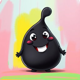 A black, fat, blobby creature that exudes happiness, featuring a smooth, rounded body and a charming, cheerful face