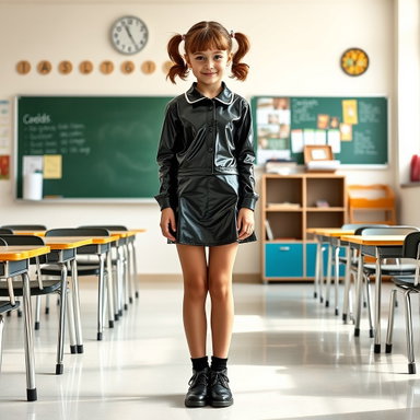 Confident School Girl in Shiny Latex Uniform | Vibrant Classroom Portrait