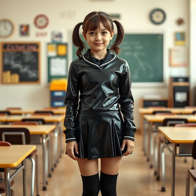 Confident School Girl in Shiny Latex Uniform | Vibrant Classroom Portrait