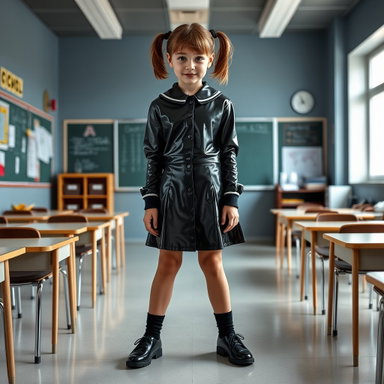 Confident School Girl in Shiny Latex Uniform | Vibrant Classroom Portrait