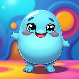 An ocean blue, fat blobby creature exuding happiness, characterized by its smooth, rounded body and a charming, cheerful face