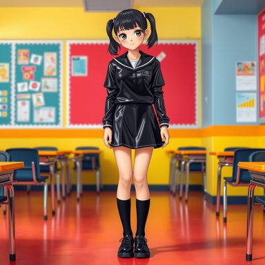 Confident School Girl in Shiny Latex Uniform | Vibrant Classroom Portrait