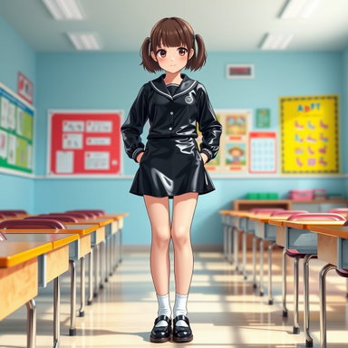 Confident School Girl in Shiny Latex Uniform | Vibrant Classroom Portrait