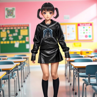 Confident School Girl in Shiny Latex Uniform | Vibrant Classroom Portrait