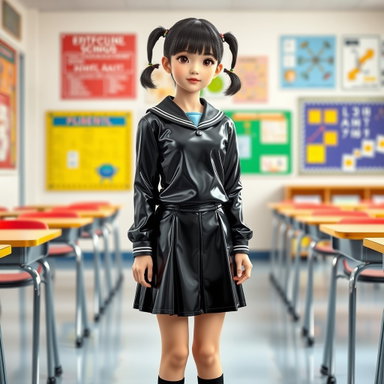 Confident School Girl in Shiny Latex Uniform | Vibrant Classroom Portrait