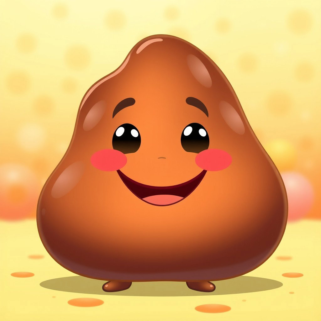 A cheerful anthropomorphic blob representing dark brown fat, characterized by a smooth, rounded shape and a shiny surface