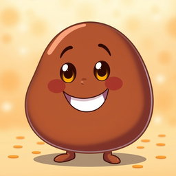 A cheerful anthropomorphic blob representing dark brown fat, characterized by a smooth, rounded shape and a shiny surface