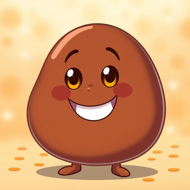 A cheerful anthropomorphic blob representing dark brown fat, characterized by a smooth, rounded shape and a shiny surface