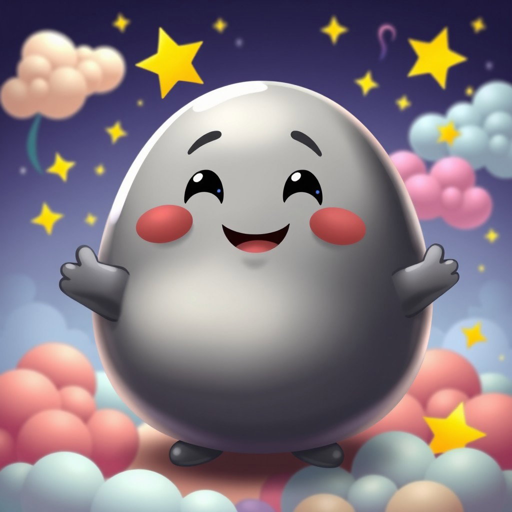 A cheerful anthropomorphic blob in a dark grey color, with a round, plump shape and a shiny finish