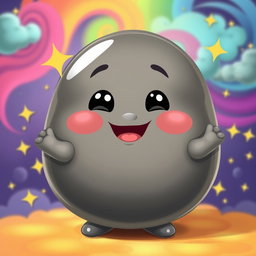 A cheerful anthropomorphic blob in a dark grey color, with a round, plump shape and a shiny finish