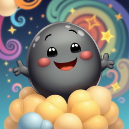 A cheerful anthropomorphic blob in a dark grey color, with a round, plump shape and a shiny finish