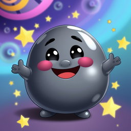 A cheerful anthropomorphic blob in a dark grey color, with a round, plump shape and a shiny finish