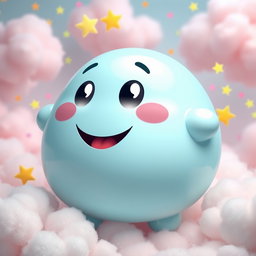 A delightful anthropomorphic blob in a soft pastel blue color, showcasing a round and plump shape with a glossy texture