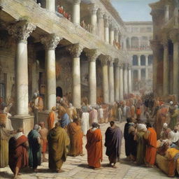 A bustling scene from 200 AD, people clad in clothing characteristic of that era going about their daily tasks. Marketplace scenes, architectural structures, and everyday life activities painted vividly in the image.