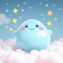 A delightful anthropomorphic blob in a soft pastel blue color, showcasing a round and plump shape with a glossy texture