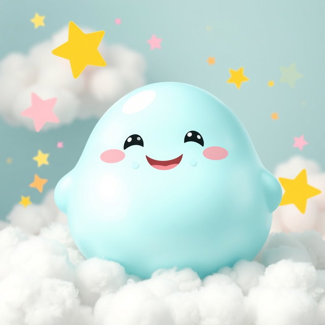 A delightful anthropomorphic blob in a soft pastel blue color, showcasing a round and plump shape with a glossy texture