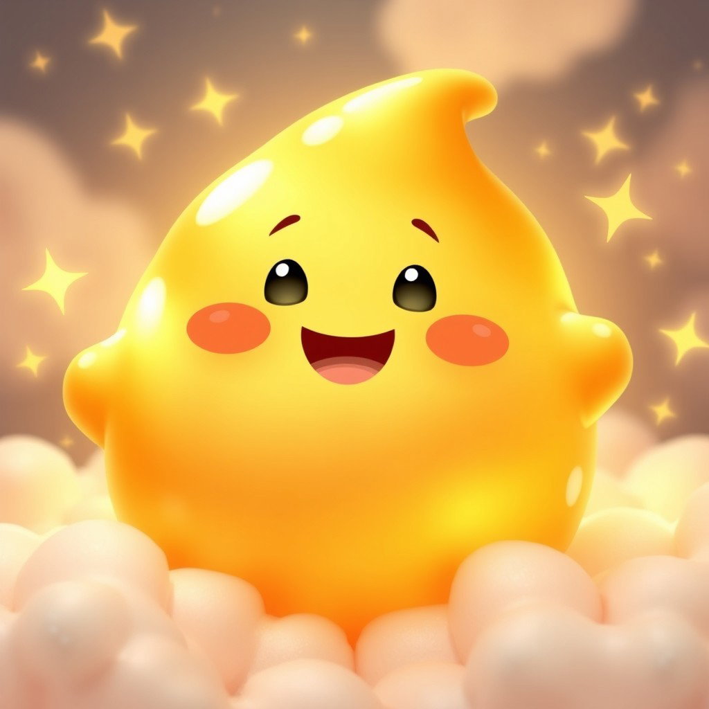 A joyful anthropomorphic blob in a radiant gold color, with a round, chubby shape that suggests warmth and happiness