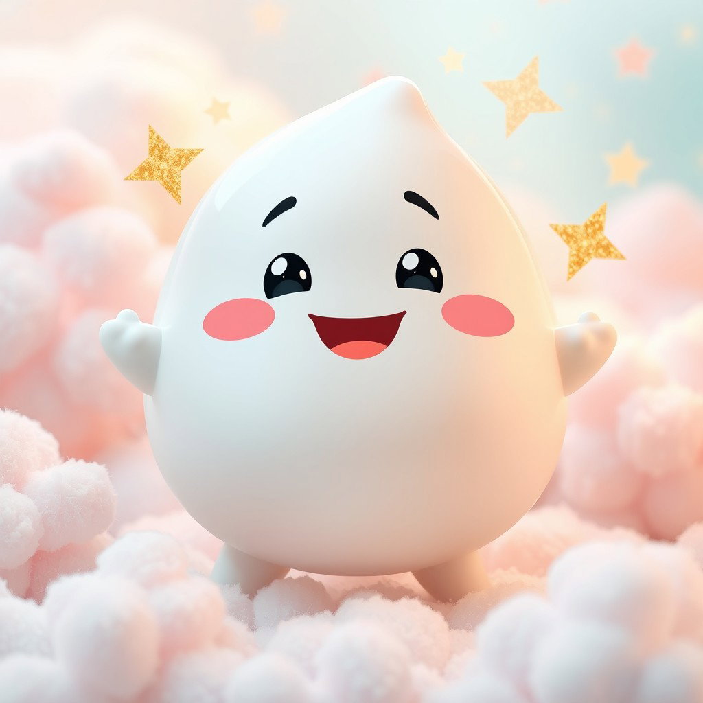 A joyful anthropomorphic blob in a soft light grey color, featuring a round and plump shape with a glossy finish