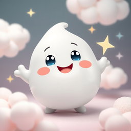 A joyful anthropomorphic blob in a soft light grey color, featuring a round and plump shape with a glossy finish