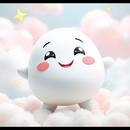 A joyful anthropomorphic blob in a soft light grey color, featuring a round and plump shape with a glossy finish
