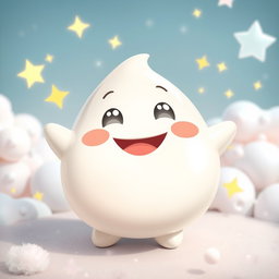 A joyful anthropomorphic blob in a soft light grey color, featuring a round and plump shape with a glossy finish
