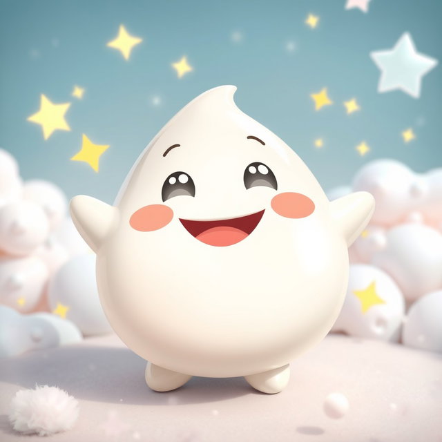 A joyful anthropomorphic blob in a soft light grey color, featuring a round and plump shape with a glossy finish