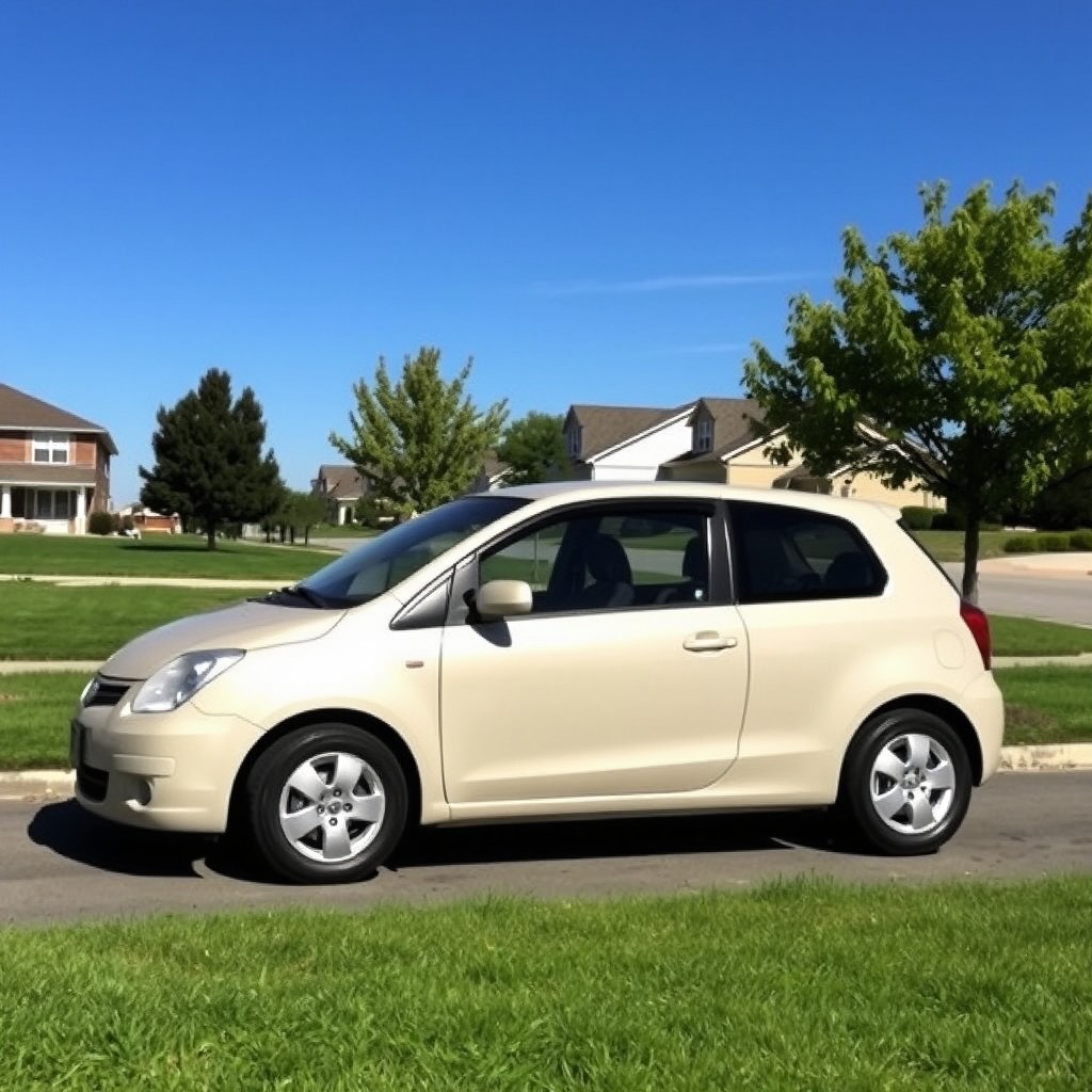 A standard car parked in a suburban setting, showcasing a simple yet practical design