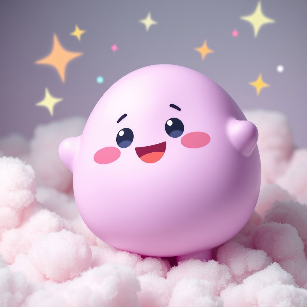 A cheerful anthropomorphic blob in a lovely pastel purple hue, characterized by a round, chubby shape and a shiny, smooth surface