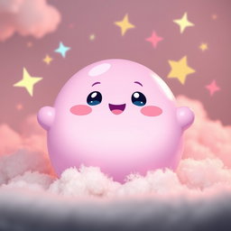A cheerful anthropomorphic blob in a lovely pastel purple hue, characterized by a round, chubby shape and a shiny, smooth surface